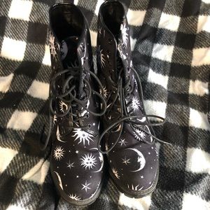 Black combat boots with moon, sun and stars